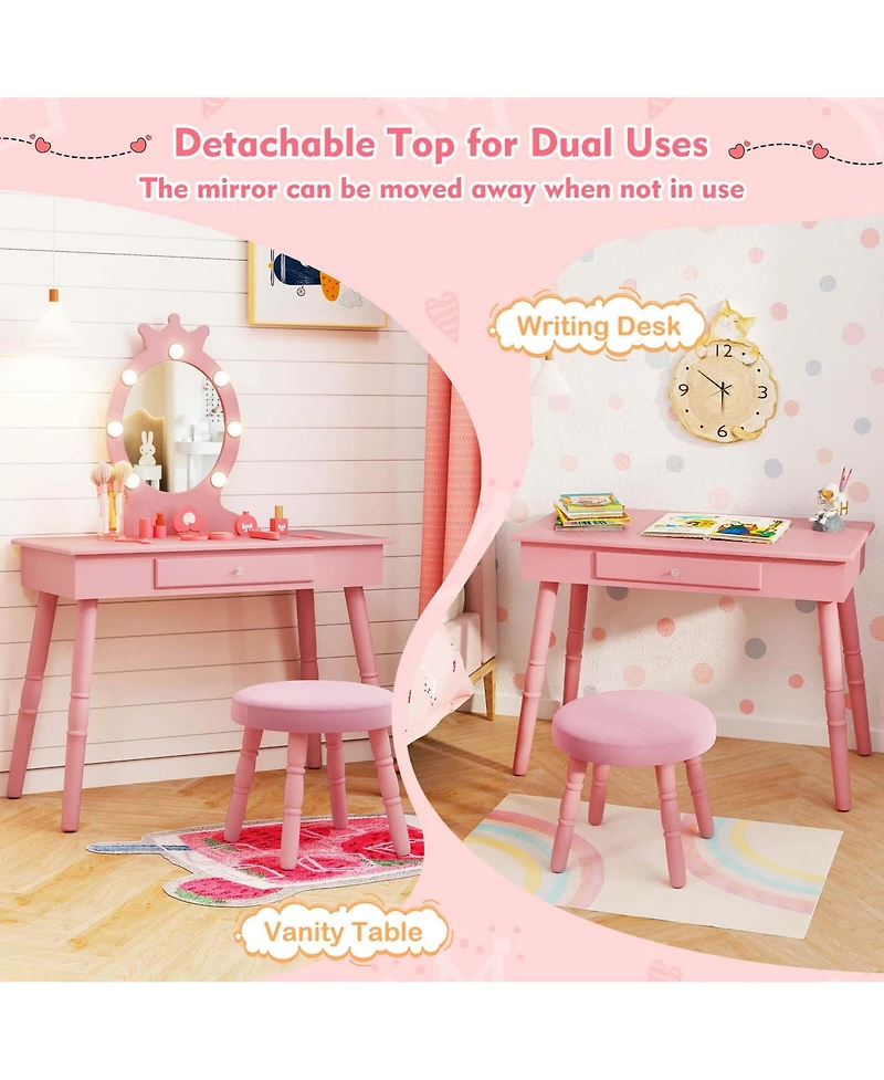 Costway Kids Vanity Set Princess Table & Chair with Lighted Mirror