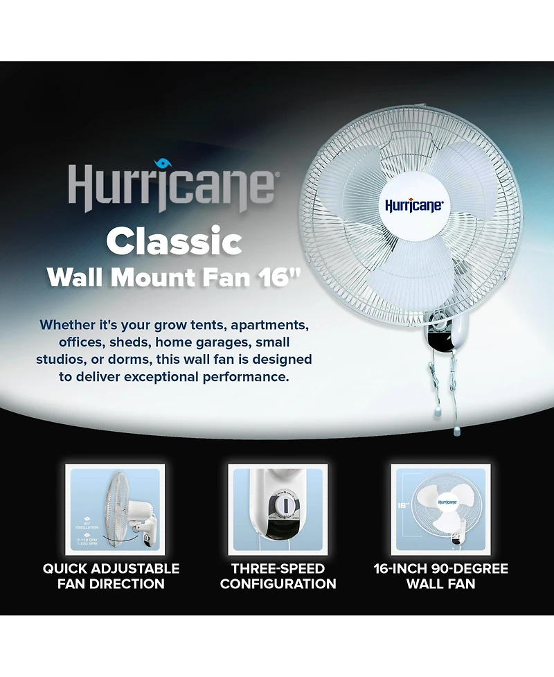 Hurricane Classic 16 Inch 90 Degree Oscillating 3 Speed Wall Mounted Fan, White