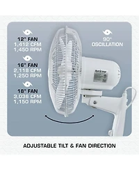 Hurricane Supreme 12 Inch Oscillating 3 Speed Portable Wall Mount Fan, White