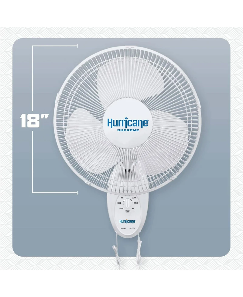 Hurricane Supreme 18 Inch 90 Degree Oscillating 3 Speed Wall Mounted Fan, White
