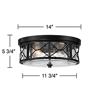 Franklin Iron Works Quincy 14" Industrial Flush-Mount Ceiling Light Fixture Kitchen Foyer Hallway Round 2-Light Black Seeded Glass