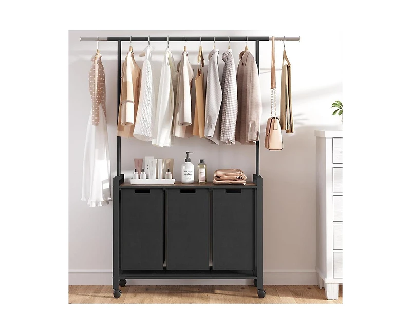 gaomon Laundry Sorter 3 Section Laundry Hamper Sorter with Clothes Hanging Rod and Wooden Storage Shelf 3 X 13gal Laundry Basket Organizer for Laundry