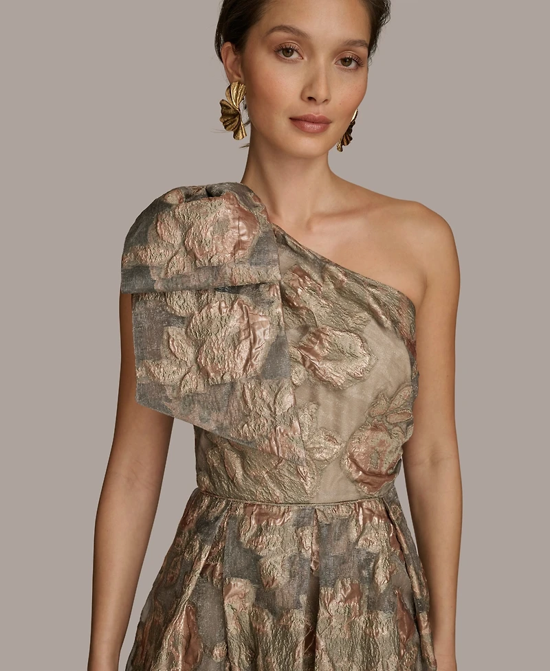 Donna Karan New York Women's Metallic Jacquard One-shoulder Bow Floral Ball Gown