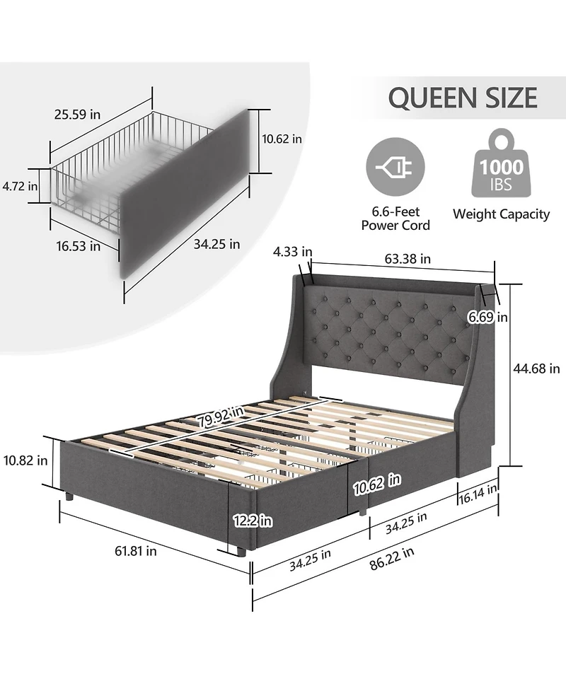 Queen Bed Frame with 4 Storage Drawers