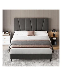 gaomon Bed Frame With Headboard,Linen Upholstered Platform Bed With Adjustable Diagonal Channel Tufted Headboard