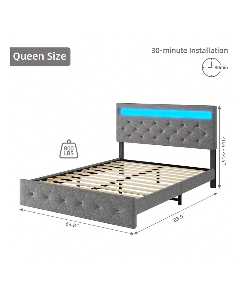 gaomon Full/Queen Size Bed Frame With Led Lights Headboard, Led Bed Frame With Fast-Charging Usb Port, Upholstered Platform Bed Frame