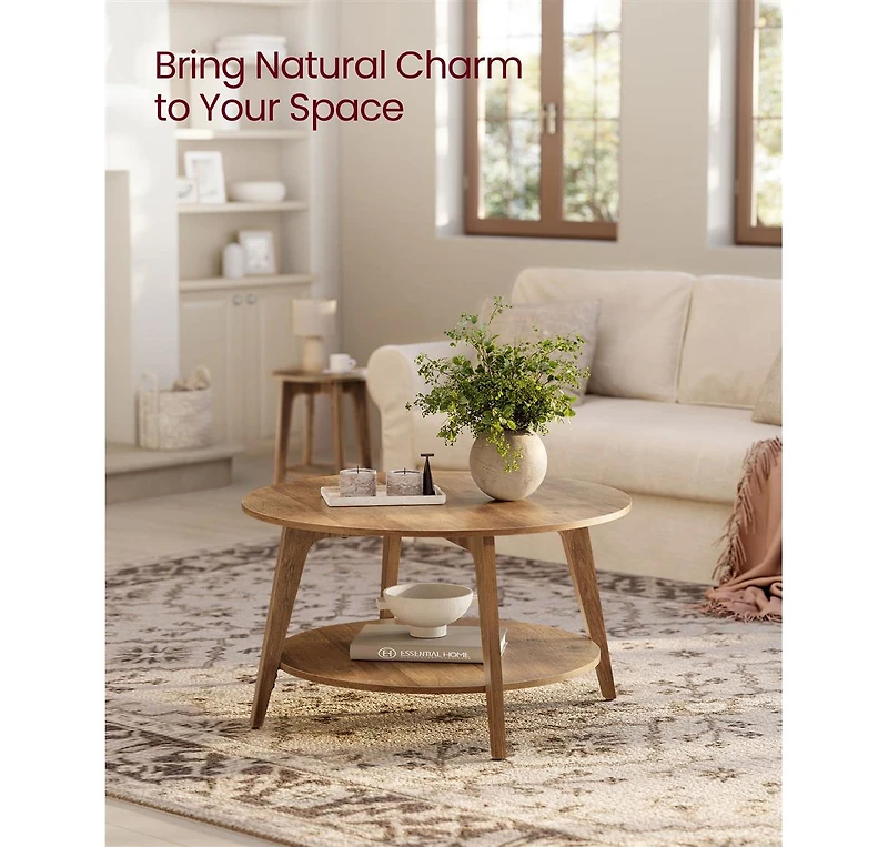 2-Tier Round Coffee Table with Open Storage Shelf for Living Room