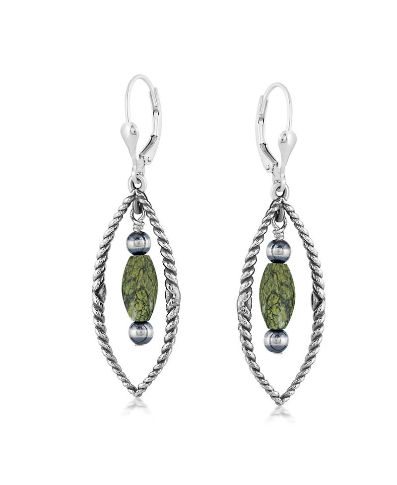 American West Jewelry Sterling Silver Marquise Green Serpentine Dangle Earrings