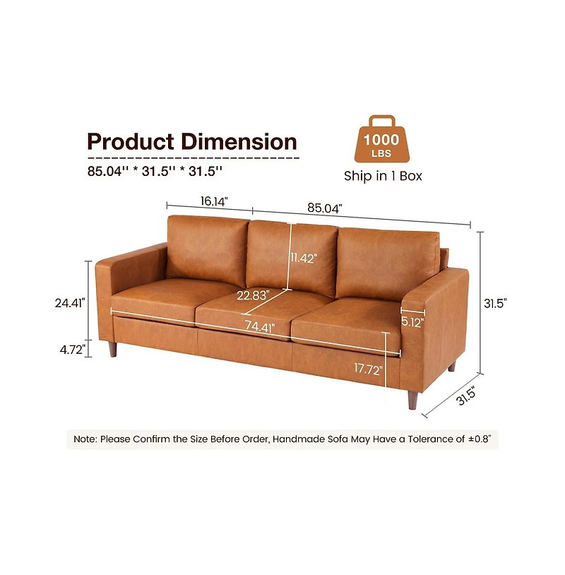 gaomon 85" Leather Couch for Living Room, Modern Sofa Couches with Padded backrest, Upholstered Sofa with Armrests and Comfy Cushions, Deep Seat Sofas