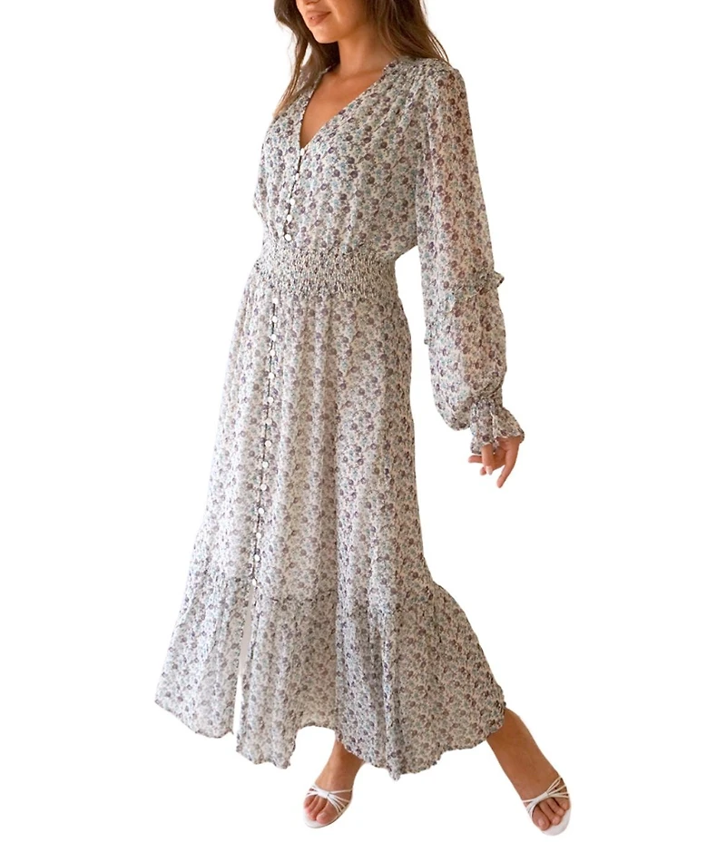 Paneros Clothing Women's Button Front Aria Maxi Dress Ditsy Floral Print
