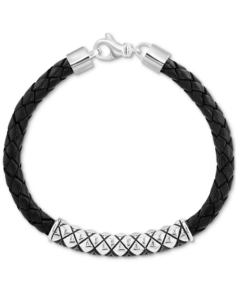 Effy Men's Black Spinel Woven Black Leather Bracelet (1/6 ct. t.w.) in Sterling Silver