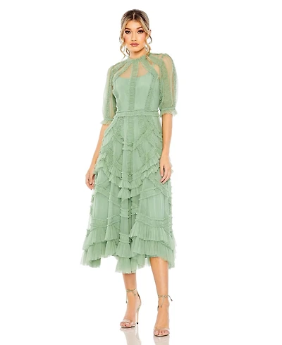 Mac Duggal Women's High Neck Puff Sleeve Ruffle Tiered Dress