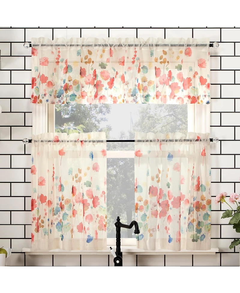 Rosalind Watercolor Floral Semi-Sheer Rod Pocket Kitchen Curtain Valance and Tiers Set