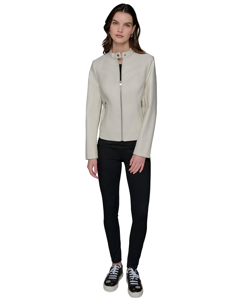 Karl Lagerfeld Paris Women's Fitted Mock-Neck Faux-Leather Jacket