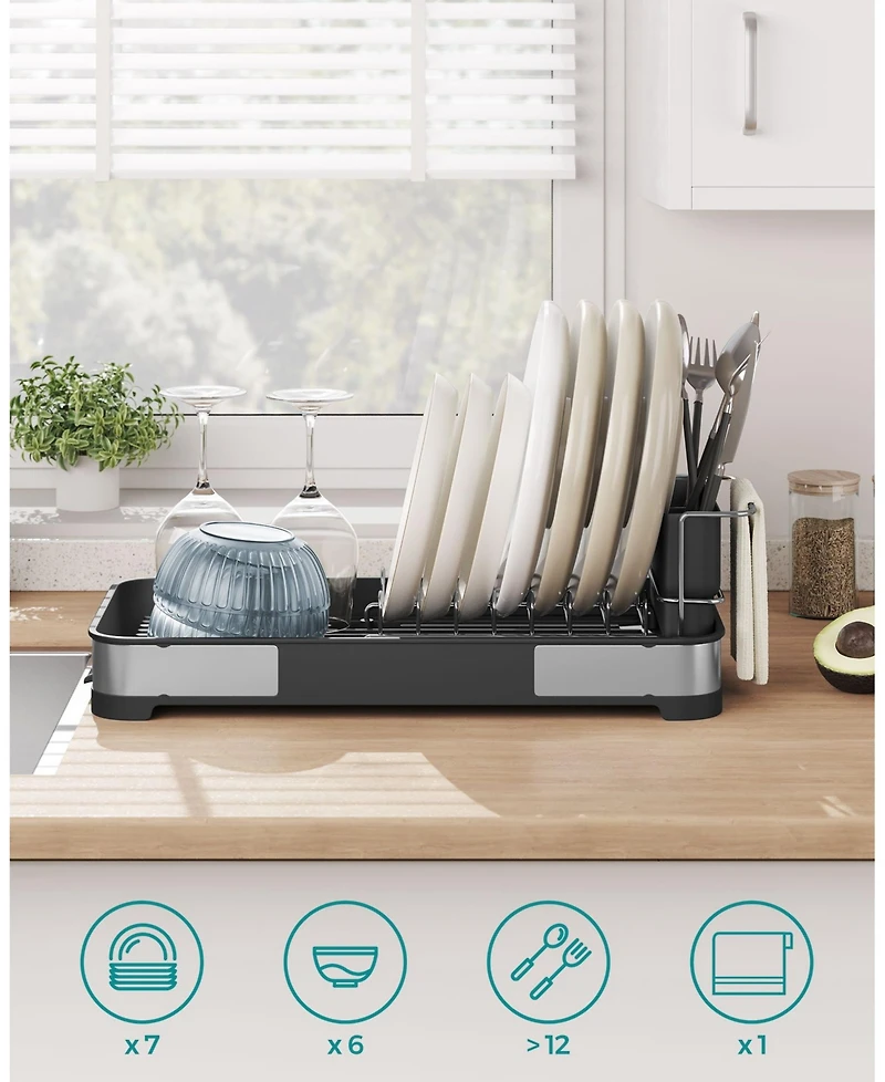 Slickblue Small Dish Drying Rack – Stainless Steel Countertop Dish Rack with Drain, Utensil Holder, Rustproof Design