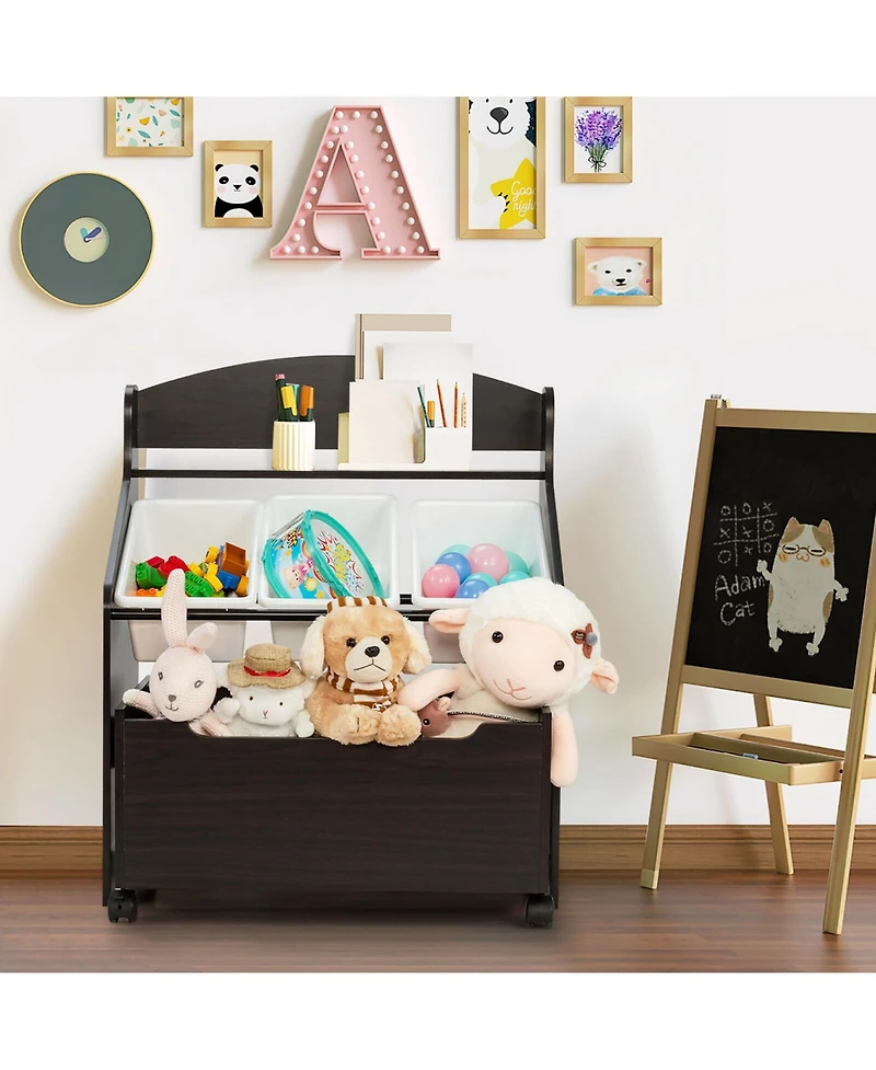 Kids Wooden Toy Storage Unit Organizer w/Rolling Box & Plastic Bins