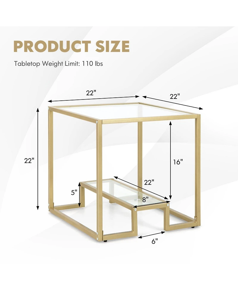 Gouun 22 Inch 2-Tier Square Sofa Side Table with Tempered Glass Tabletop