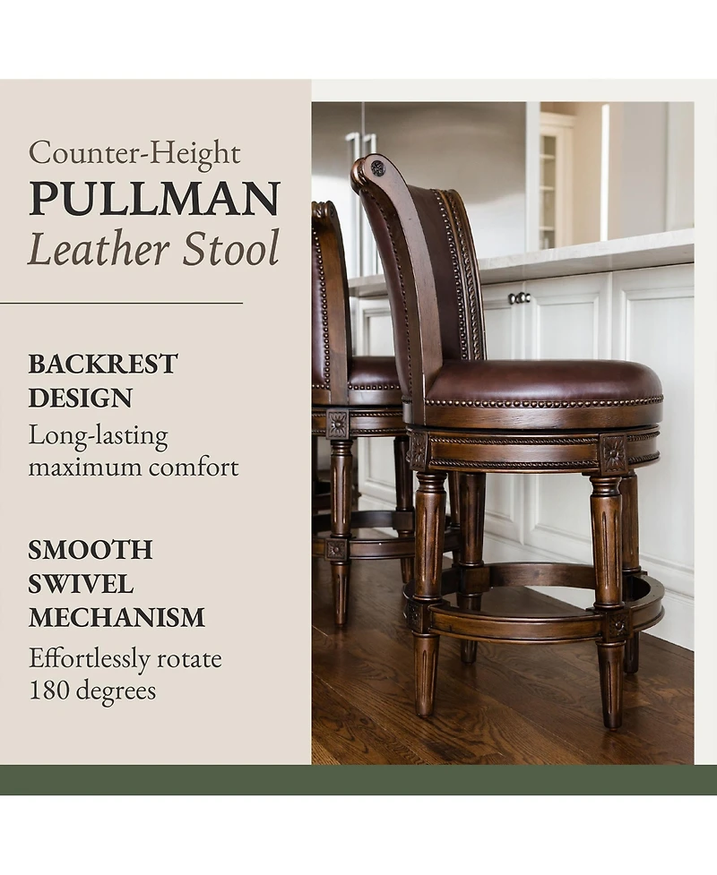 Maven Lane Pullman Wooden Swivel Stool, Dark Walnut w/ Leather, Set of 4