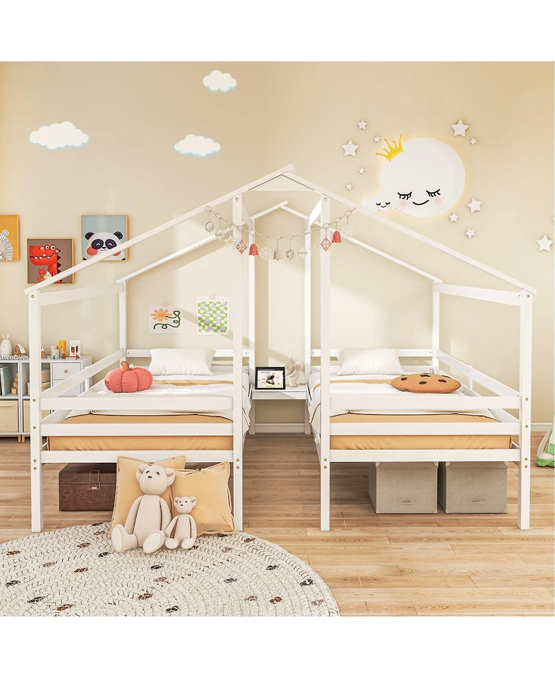 Double Twin Size Wooden Bed Frames with Built-in Table for Kids