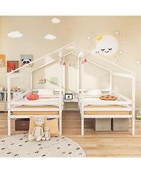 Double Twin Size Wooden Bed Frames with Built-in Table for Kids