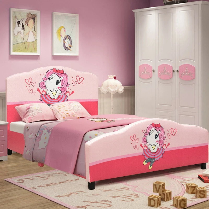 Gouun Kids Children Upholstered Platform Toddler Girl Pattern Bed
