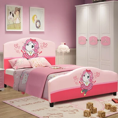 Gouun Kids Children Upholstered Platform Toddler Girl Pattern Bed