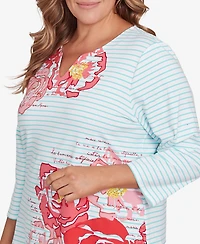 Ruby Rd. Plus Size Floral Embroidered Script Stripe Top