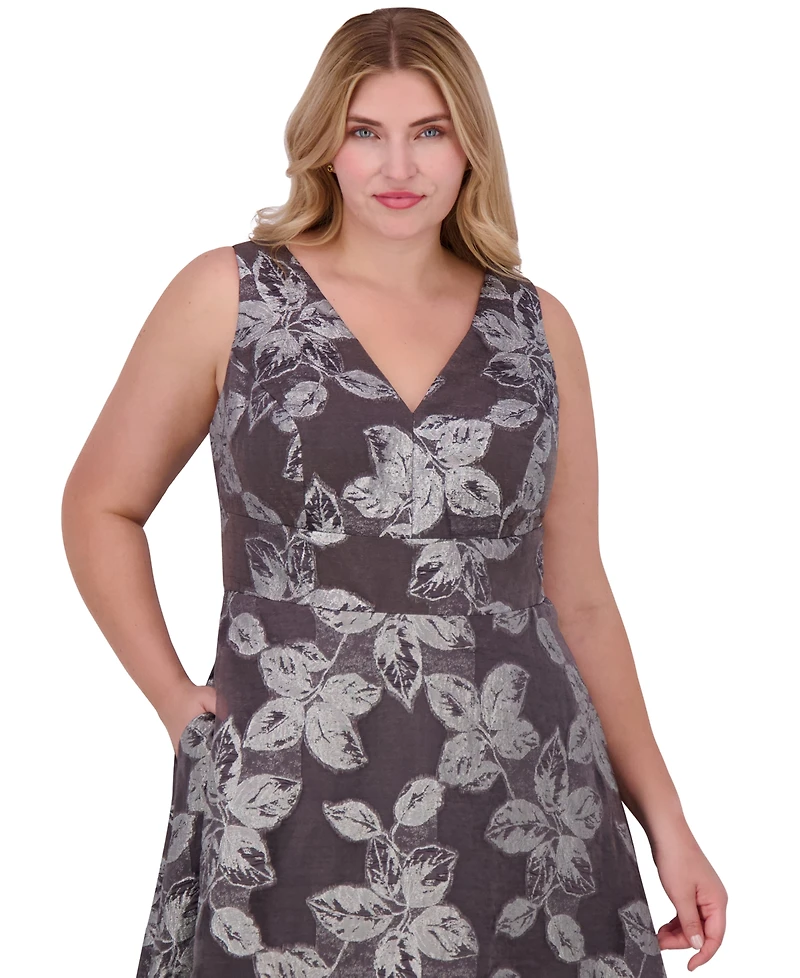 Eliza J Plus Size Metallic-Threaded Floral-Print Ball Gown