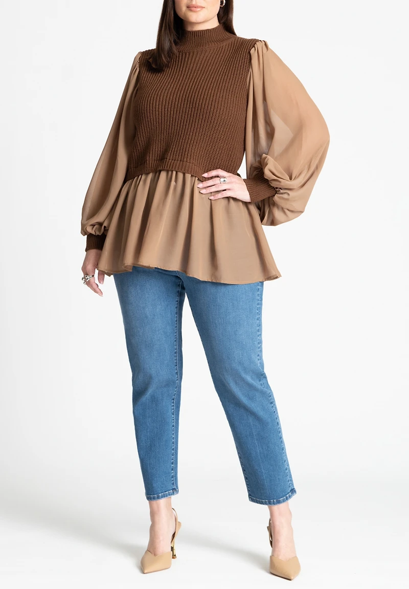 Eloquii Women's Plus Twofer Sweater With Chiffon