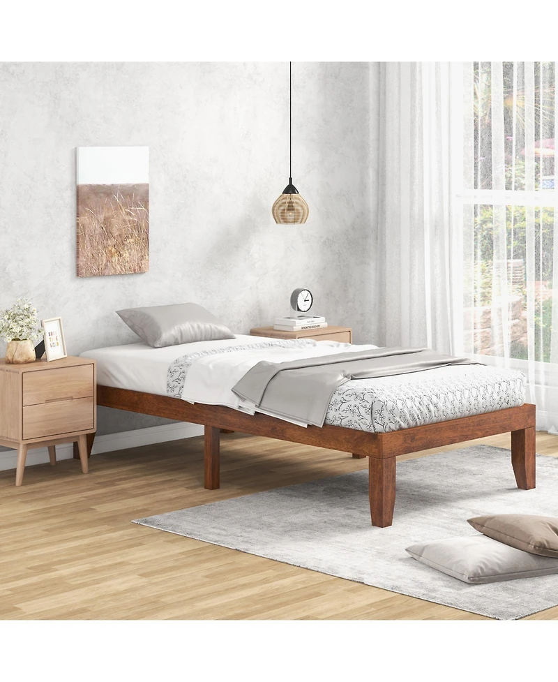 Gouun 14 Inch Twin Size Rubber Wood Platform Bed Frame with Wood Slat Support