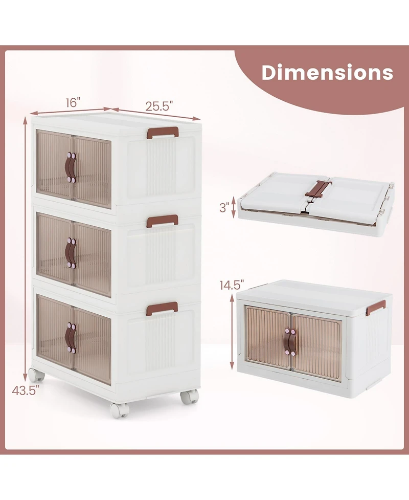 Gouun 3-Tier Stackable Storage Boxes Bins with Magnetic Doors and Lockable Casters