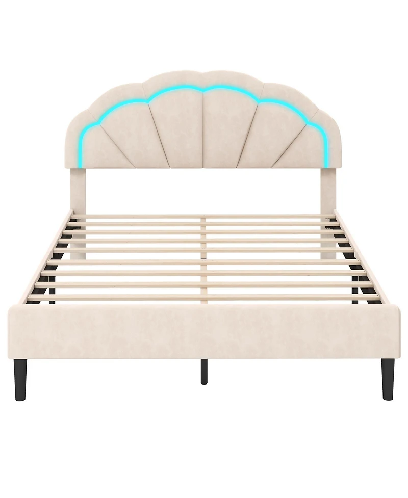 Gouun Upholstered Led Bed Frame with Adjustable Flower Headboard and Metal Support Feet-Queen Size