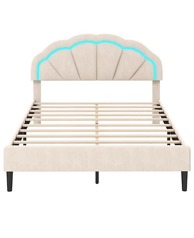 Gouun Upholstered Led Bed Frame with Adjustable Flower Headboard and Metal Support Feet-Queen Size