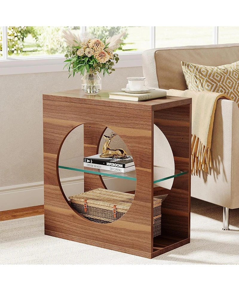 Tribesigns Narrow End Table for Living Room, 3-Tier Wood Side Table with Adjustable Tempered Glass Storage Shelf, Bedside Table Nightstand
