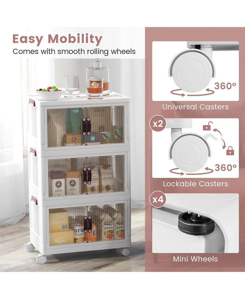 Gouun 3-Tier Stackable Storage Boxes Bins with Magnetic Doors and Lockable Casters-s
