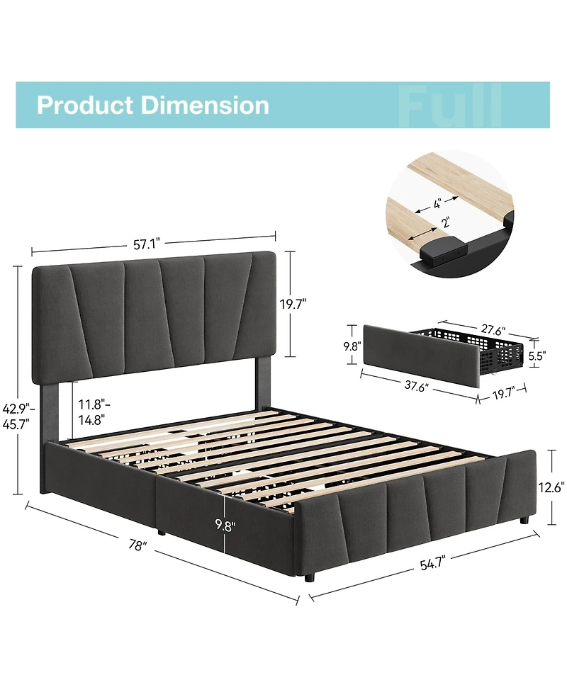 gaomon Full Size Bed Frame with Adjustable Headboard and 4 Storage Drawers