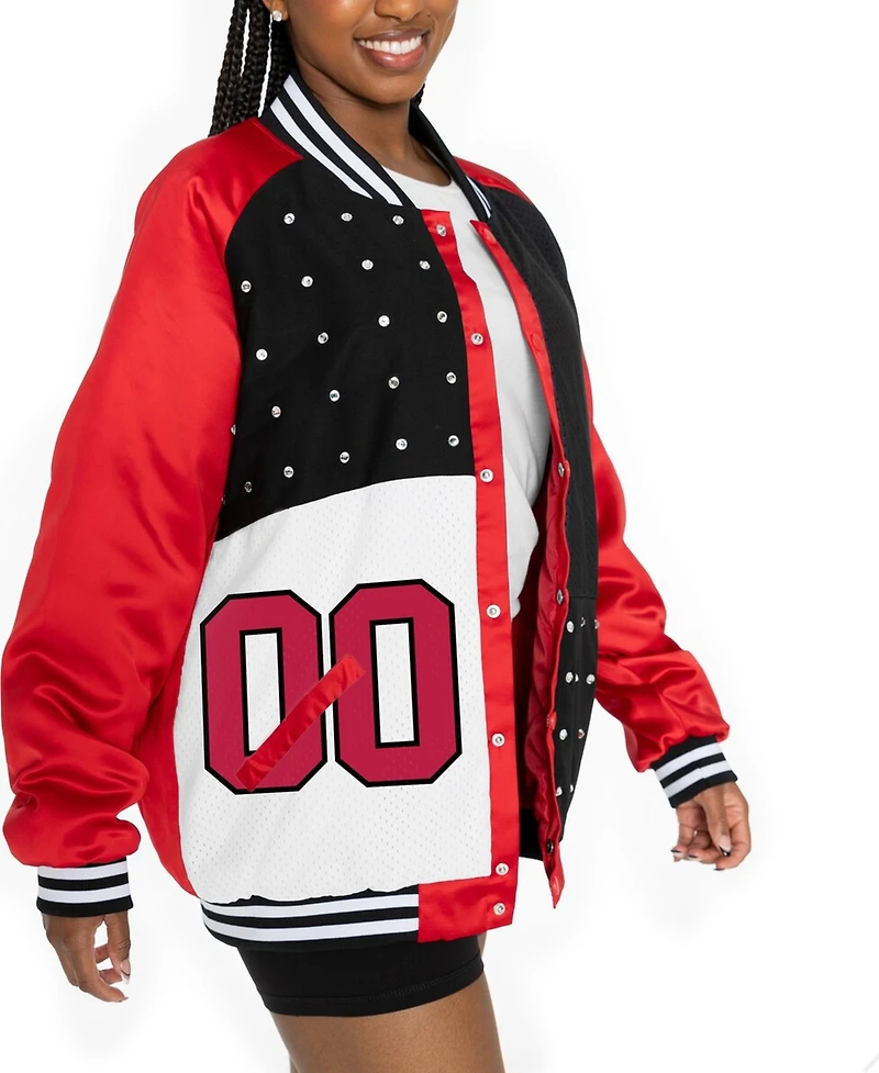 Gameday Couture Women's Scarlet/Black San Francisco 49ers Oversized Hot Shot Rhinestone Throwback Full-Snap Varsity Bomber Jacket