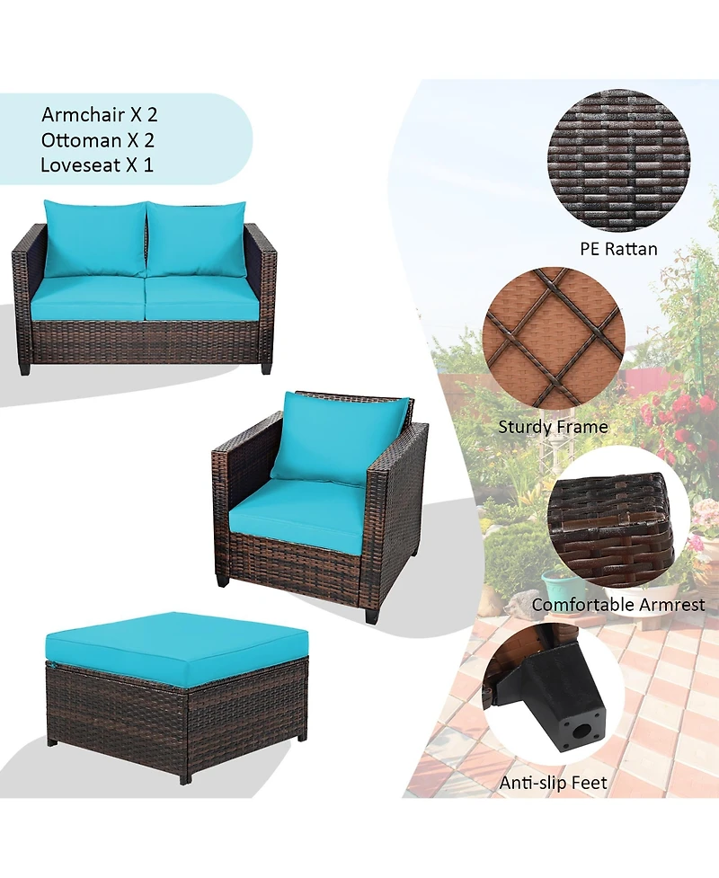 5PCS Patio Rattan Furniture Set Loveseat Sofa Ottoman Cushioned