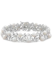 Arabella Cultured Freshwater Pearl (5 - 6-1/2mm) & Cubic Zirconia Statement Bracelet in Sterling Silver