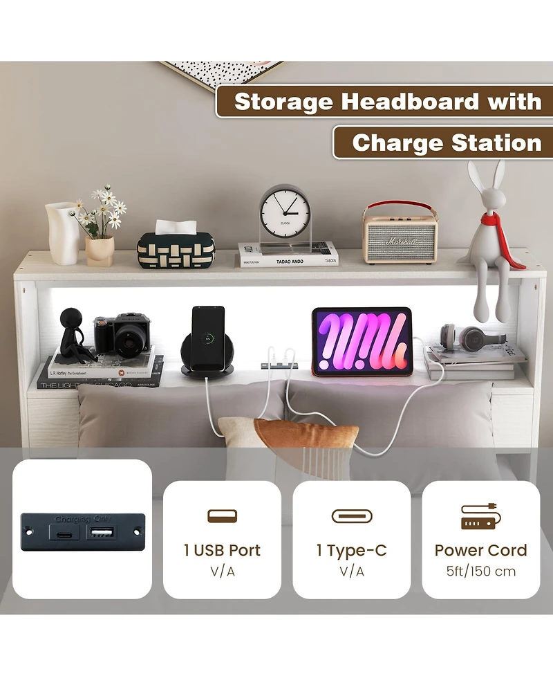 Gouun Twin Size Bed Frame with Storage Headboard Charging Station