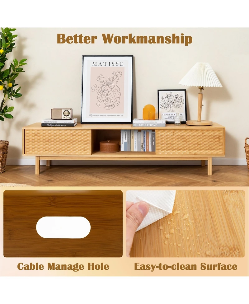 Gouun 63 Inches Mid Century Modern Bamboo Tv Stand with Sliding Doors