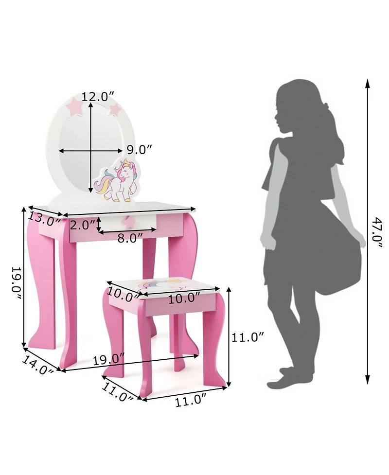 Gouun Kids Wooden Makeup Dressing Table and Chair Set with Mirror and Drawer