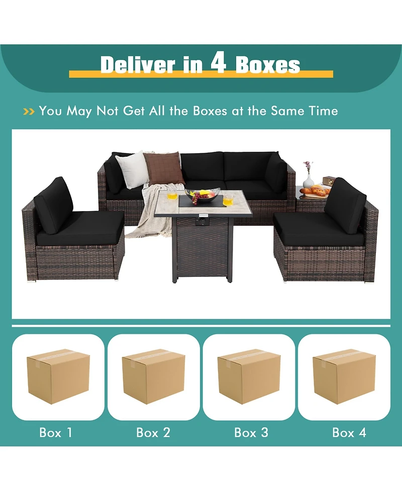 7PCS Patio Rattan Furniture Set 30'' Fire Pit Table Cover Cushion Sofa