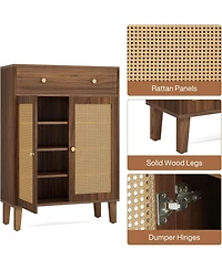 Tribesigns Shoe Cabinet with Doors and Drawer, Modern Shoe Storage Cabinet for Entryway, Rattan Wooden Shoe Organize with Adjustable Shelf