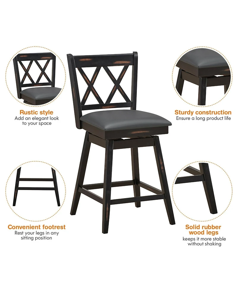 Gouun 2 Pieces 24 Inch Swivel Counter Height Barstool Set with Rubber Wood Legs
