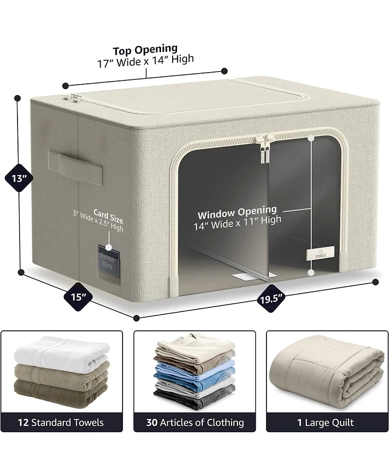 Sorbus 2 Pack Large Foldable Storage Box - Metal Frame, Oxford Fabric, Large Window & Handles - Organization for Bedroom, Linens & Clothes (Beige