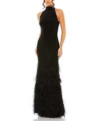 Mac Duggal Women's Jersey Halter Gown with Feather Tiered Detail