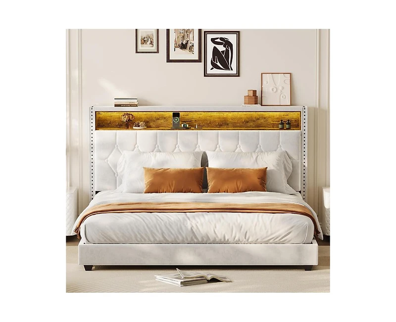 gaomon King Size Bed Frame with Led Lights and Charging Station