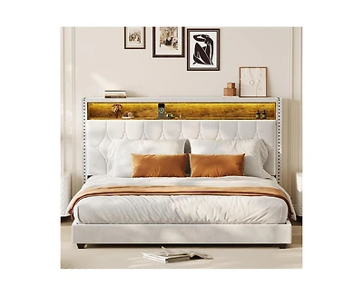 gaomon King Size Bed Frame with Led Lights and Charging Station