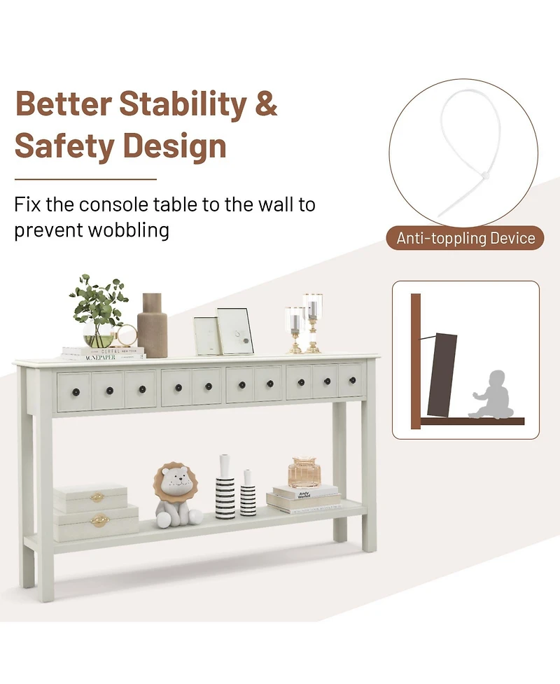 Gouun 60 Inch Long Sofa Table with 4 Drawers and Open Shelf for Living Room